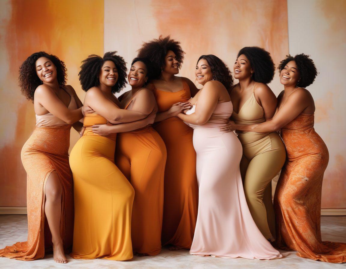 A beautifully composed scene showcasing a diverse group of individuals confidently embracing their bodies in a soft, natural setting. The focus is on their joyful expressions and powerful poses, radiating body positivity. Incorporate elements of art, like soft flowing fabrics and natural light, with a hint of abstract body art in the background to emphasize empowerment. The overall mood should be uplifting and inspiring. super-realistic. vibrant colors. warm tones.
