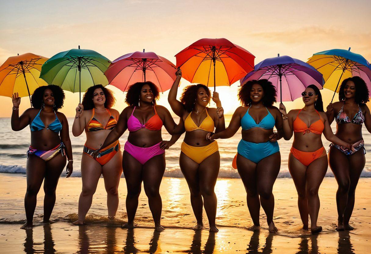 A vibrant and celebratory beach scene showcasing diverse individuals of various body types confidently wearing stylish swimwear. Highlight the joyful expressions and strong sense of community among the LGBTQ+ participants as they engage in playful activities by the water. Include colorful beach umbrellas and accessories that promote inclusivity and body positivity. Capture the sun setting in the background, adding warmth and a sense of freedom. Super-realistic. Vibrant colors. Beach sunset.