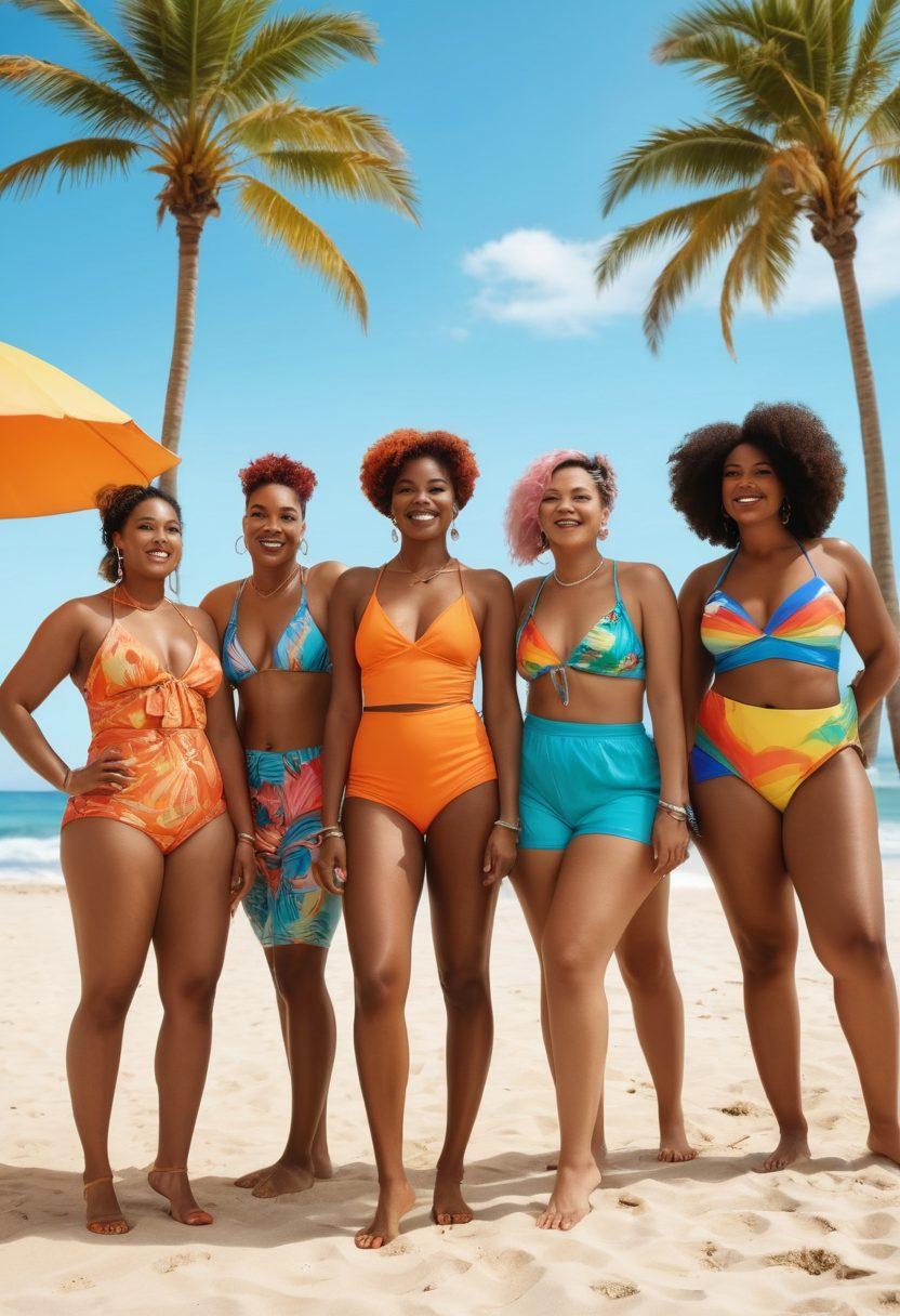 A colorfully vibrant scene capturing a diverse group of LGBTQ+ individuals confidently showcasing a range of stylish beachwear, set against a sunny beach backdrop with palm trees and blue ocean waves. The characters are expressing joy and self-acceptance, featuring a variety of body types, skin tones, and unique styles, radiating positivity and body confidence. The overall composition should evoke inclusivity and celebration of individuality. bright colors. summer vibes. 3D.